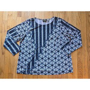 Bob Mackie Wearable Art Womens 1X Floral Long Sleeve Top Blue & White